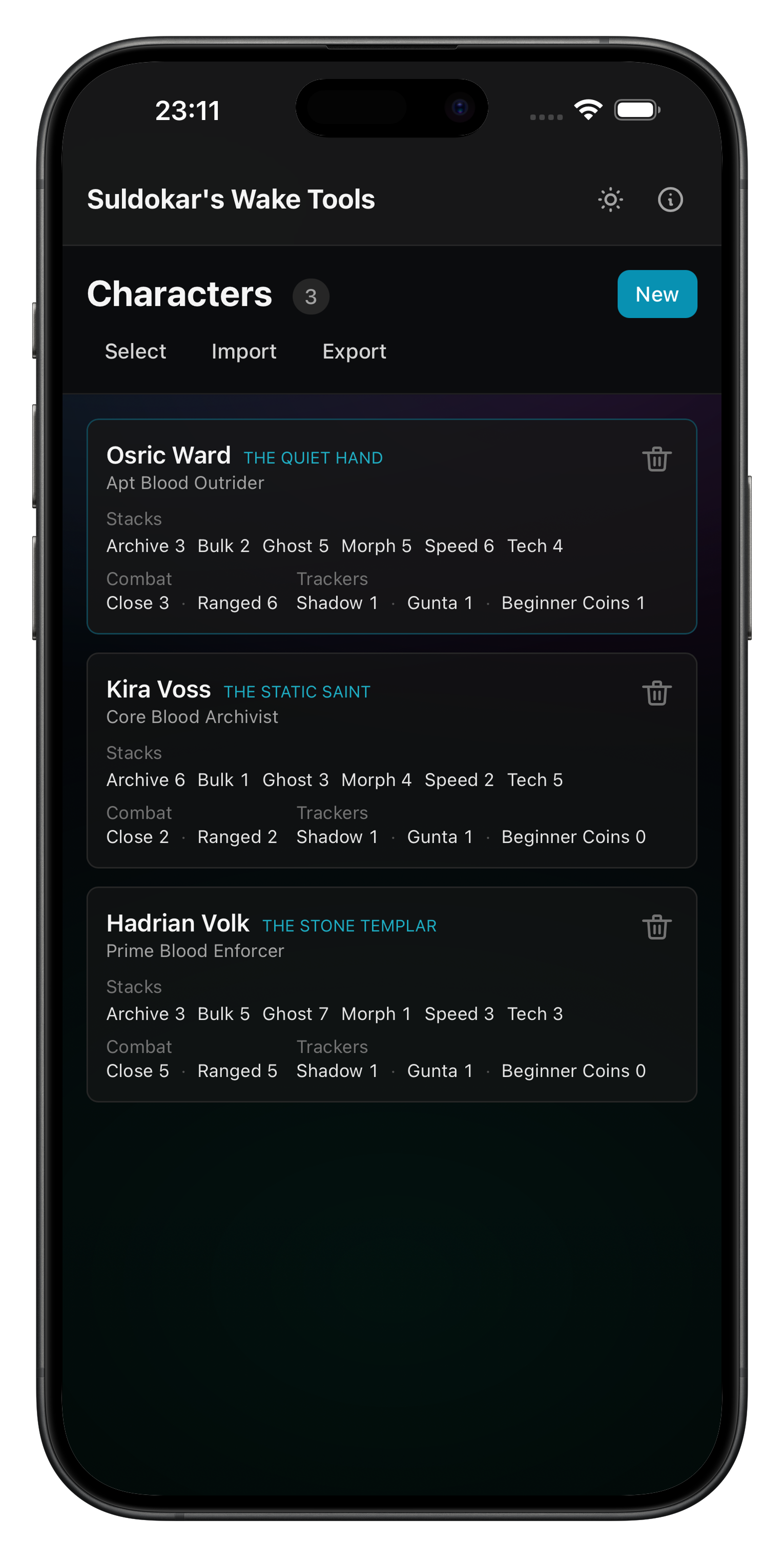 Suldokar's Wake Tools app interface